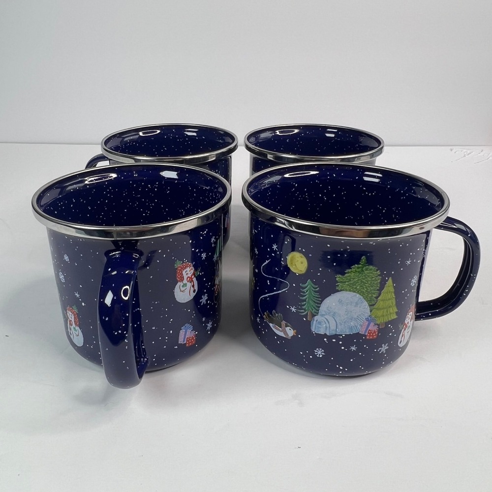 World Market Enamelware Mugs Set of 4 Snowy Village Christmas Holiday Hot Cocoa